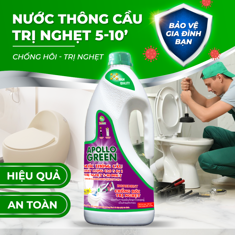 Nước thông cầu siêu tốc mẫu chai comfor Apollo Green 1600gr